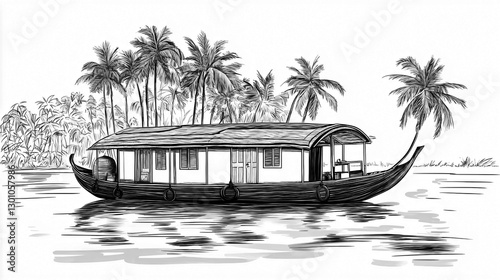 Line art of a quaint houseboat drifting lazily through Kerala’s backwaters