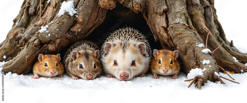 Obraz premium Hedgehogs and guinea pigs exploring snowy woodland