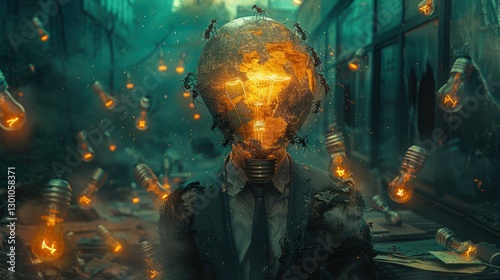 Surreal scene of a humanoid figure with a glowing, shattered light bulb head in a desolate urban setting