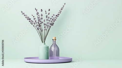 Lavender Sprigs in a Teal Vase: 3D Rendered Still Life on Pale Green Background AI Generated