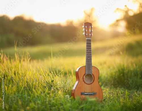 a small guitar is sitting on the grass in a field