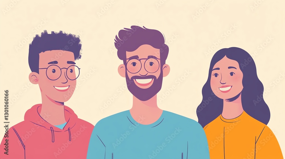 Three friends smiling in a cheerful illustration. Three friends smiling in a cheerful illustration.