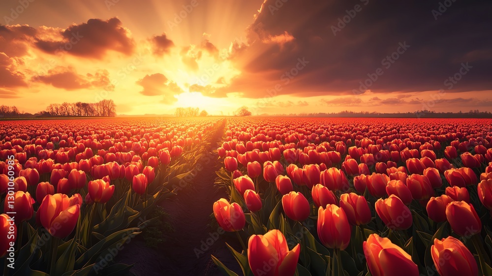 Obraz premium Vibrant tulip field at sunset with dramatic skies.