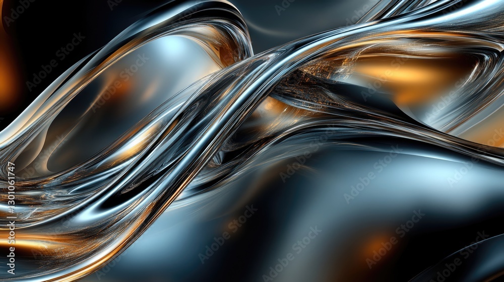 Obraz premium Abstract smooth shapes of silver and orange intertwining in a metallic and fluid texture design. Generative AI