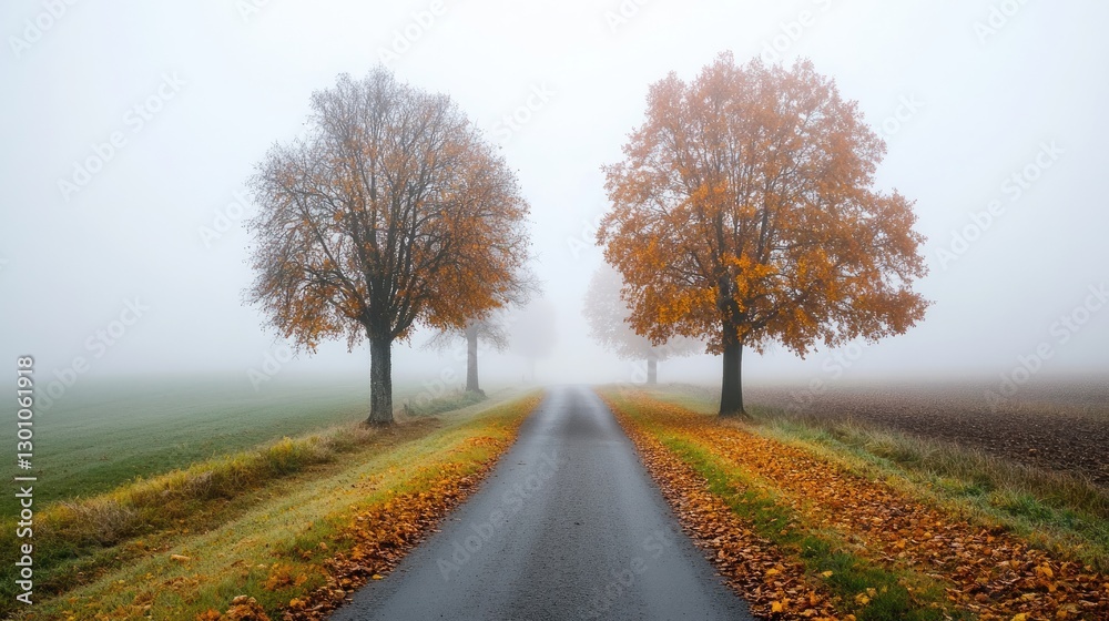 Misty country road lined with autumn trees and fallen leaves, creating a serene and atmospheric scene. Generative AI Misty country road lined with autumn trees and fallen leaves, creating a serene and atmospheric scene. Generative AI