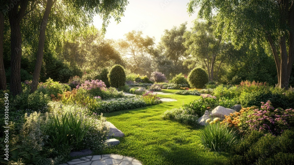 Sunlit garden path meanders through lush blooming flowers and green grass. Sunlit garden path meanders through lush blooming flowers and green grass.