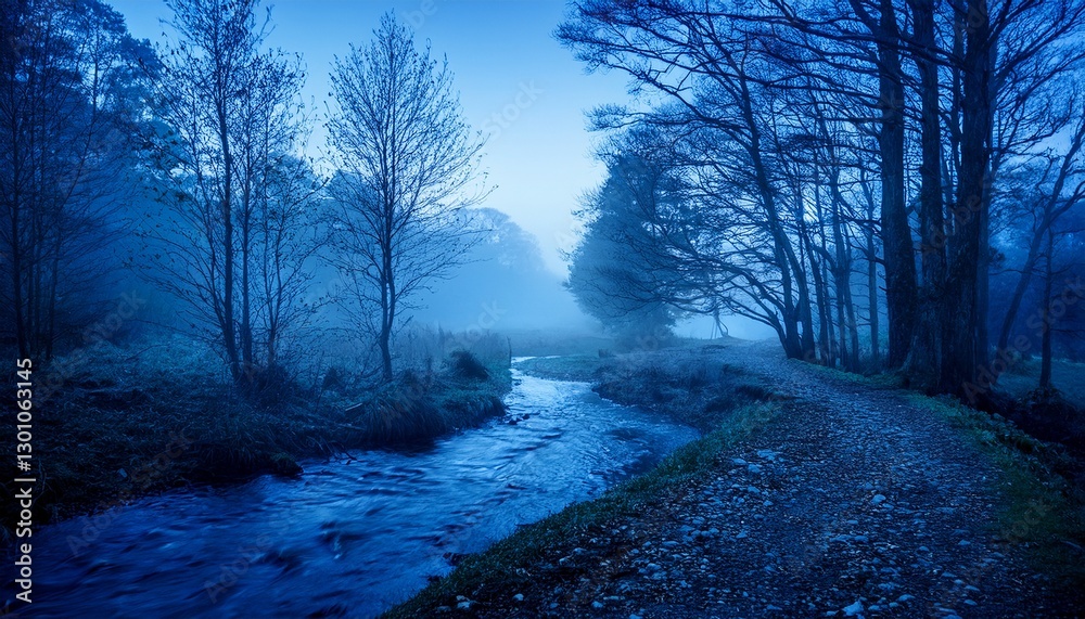 Obraz premium mystical forest stream blue hour foggy woodland path