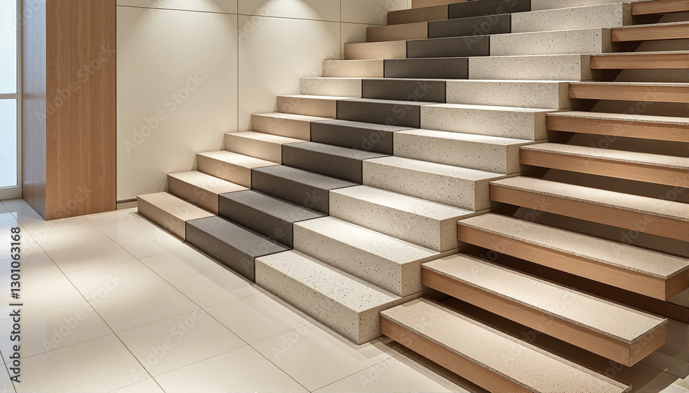 Obraz premium Modern staircase design in neutral tones for blogs, websites, architectural presentations, interior design showcases, renovation guides, and home improvement articles