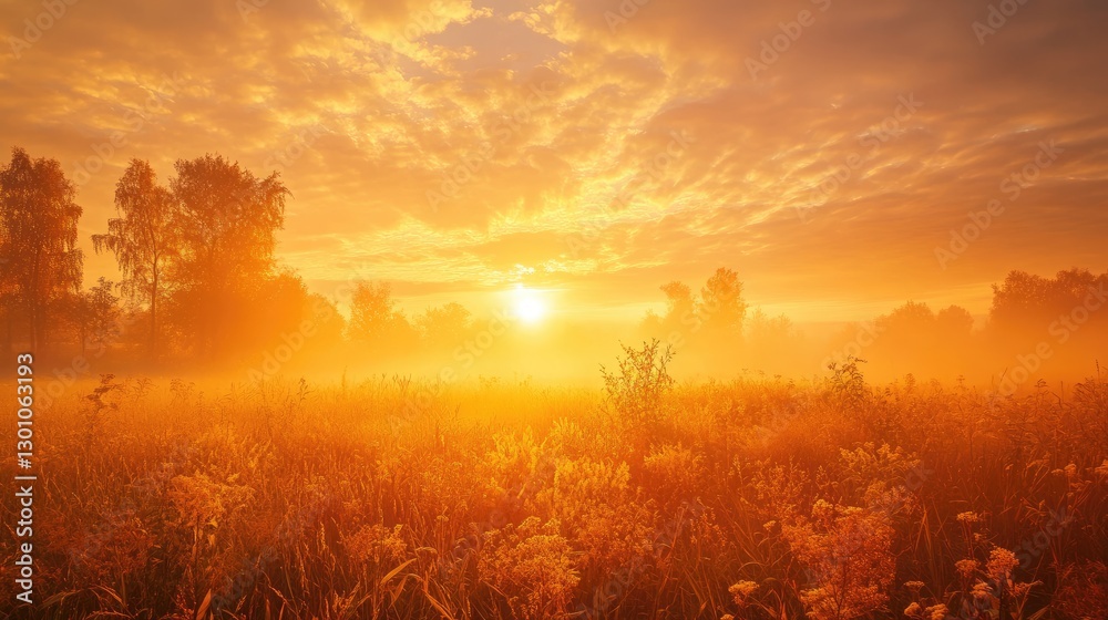Golden sunrise over a misty field with blooming wildflowers and trees in a serene landscape. Generative AI Golden sunrise over a misty field with blooming wildflowers and trees in a serene landscape. Generative AI