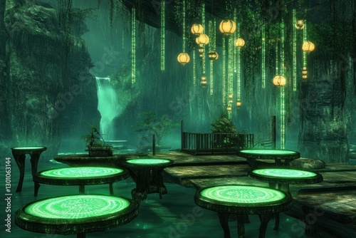 Enchanting mystical cave with waterfall, glowing tables, and hanging lanterns.