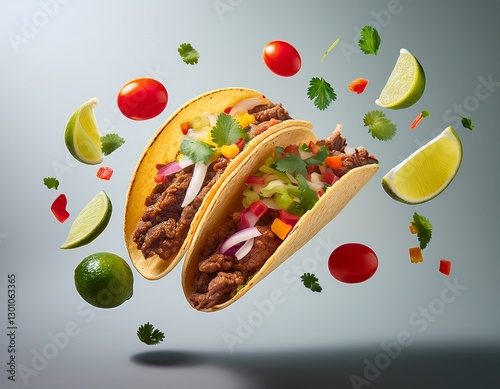 tacos filled with beef and fresh ingredients floating in mid air against a clean background