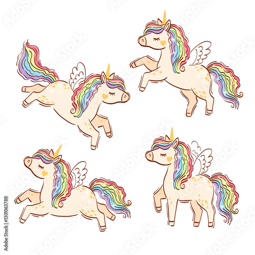 Rainbow unicorn. Set of hand drawn isolated horse unicorn isolated on white background. Bright illustration in lights colors for design children's room, clothing, nursery