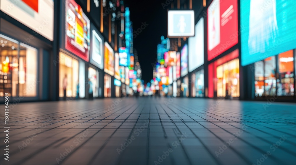 Obraz premium A vibrant, illuminated street scene at night featuring colorful storefronts and advertisements, inviting exploration and a lively atmosphere.
