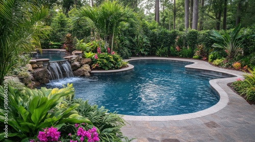 Luxurious freeform pool with waterfall and lush tropical landscaping in a backyard oasis.