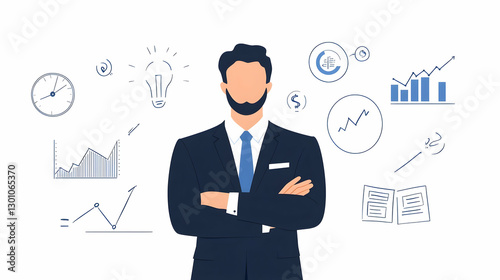 Professional Man in Suit with Graphs and Business Icons Background
