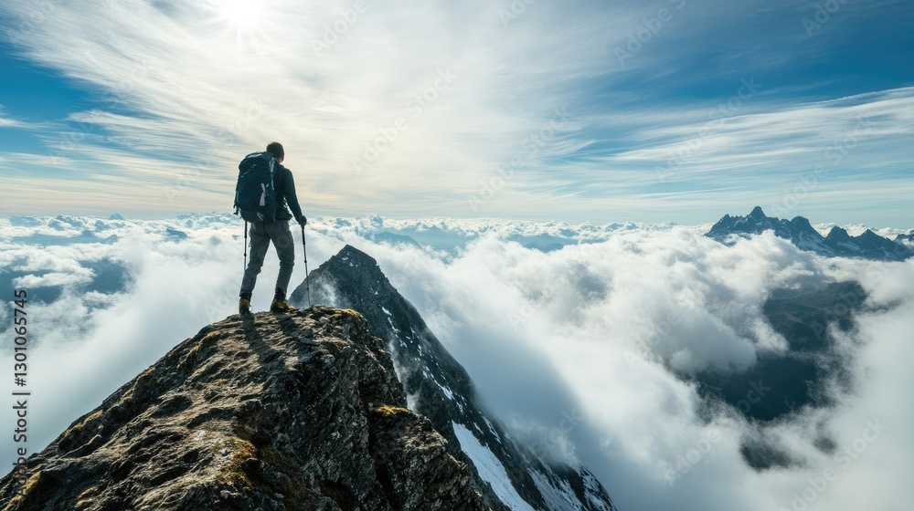 Hiker standing on a rocky mountain ridge with breathtaking clouds and peaks in the distance. Generative AI