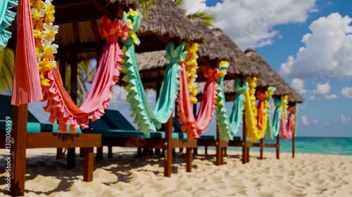Tropical Beach Resort with Colorful Drapes and Huts.