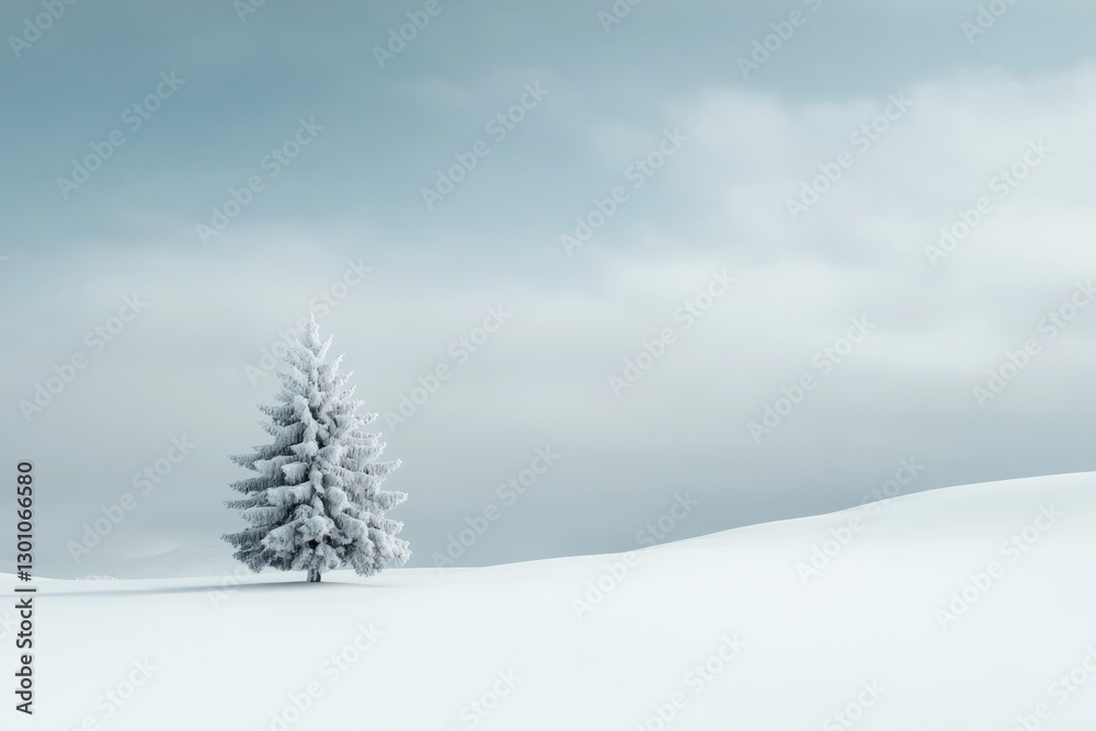lone snow-covered pine tree stands majestically in serene winter landscape under cloudy sky lone snow-covered pine tree stands majestically in serene winter landscape under cloudy sky