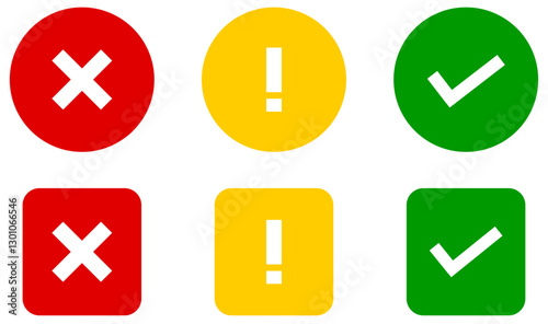 Set of flat round check mark, exclamation point, X mark icons, buttons isolated on a white background. Vector security web buttons. Check mark X cross and exclamation mark symbols in circles.  Warning