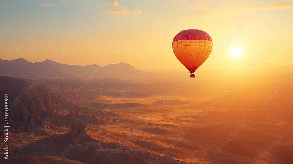 Hot air balloon floating over a desert landscape at sunrise with glowing orange light. Generative AI