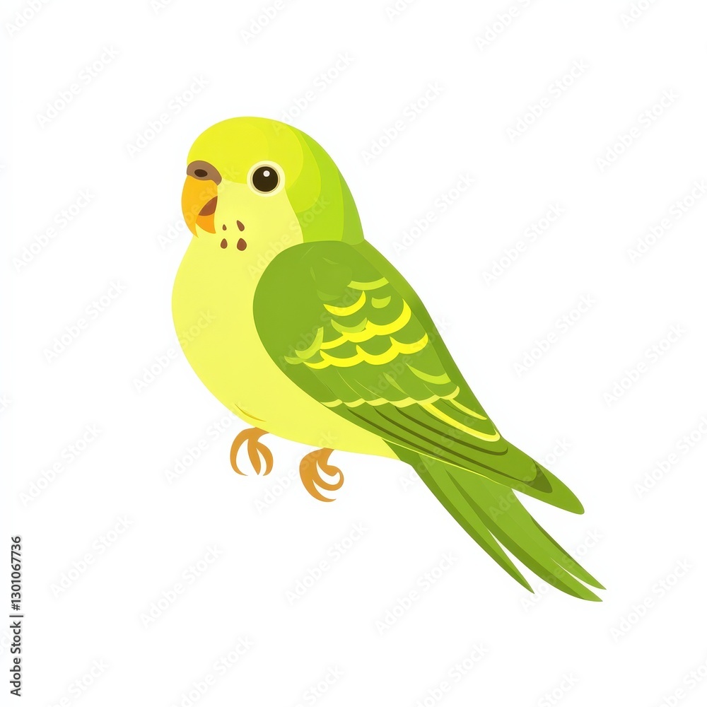 Fototapeta premium a playful parakeet clipart, pet bird element, flat design, bright green and yellow, isolated on white background