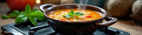 A fragrant and flavorful winter soup simmering on the stovetop, simmer, steam