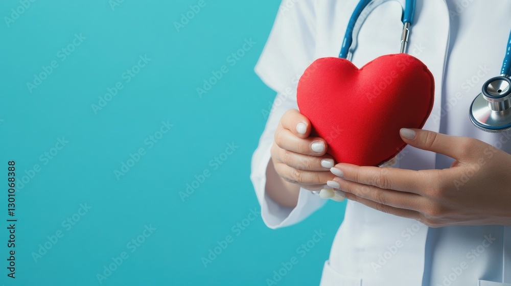 A nurse wearing a white medical uniform and a blue stethoscope is holding a red heart-shaped love toy in their hand, symbolizing healthcare or loving work for people with various health-related A nurse wearing a white medical uniform and a blue stethoscope is holding a red heart-shaped love toy in their hand, symbolizing healthcare or loving work for people with various health-related