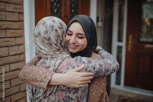 A photo of an Arab woman in her mid-20s, wearing a long-sleeved floral dress with white shoes, hugging another Muslim hijabi lady standing at front door of house, both smiling, emotional scene