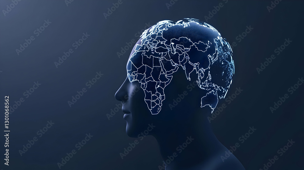 Obraz premium Futuristic Concept of Human Head with Global Map Projection