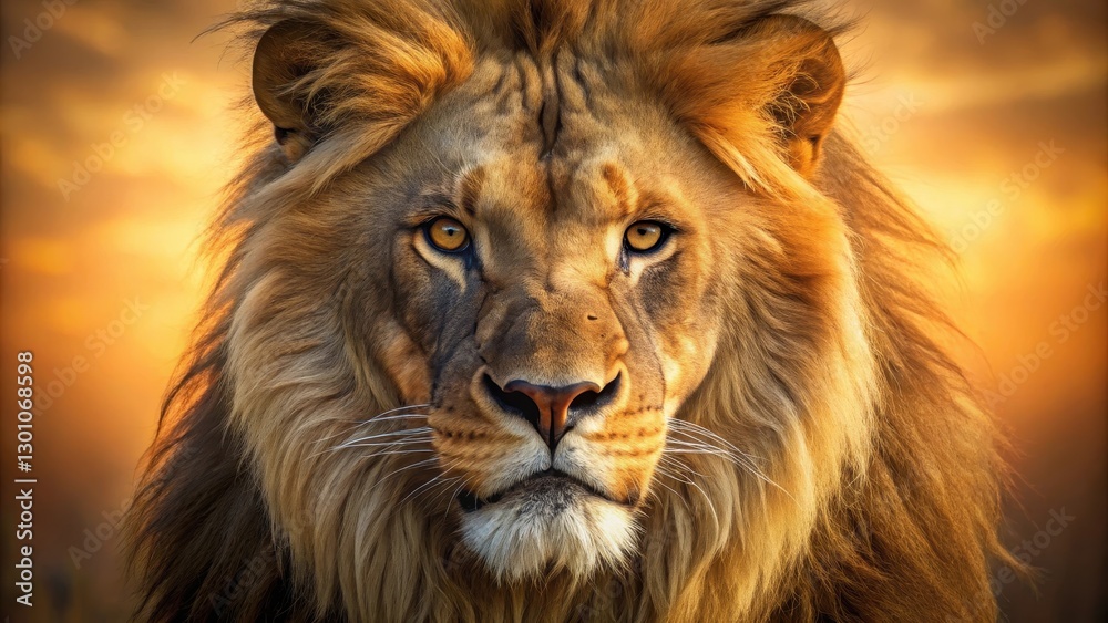 Fototapeta premium A close-up portrait of a lion's fierce face with a scowl and a sharp jawline, set against a warm golden light background, golden lighting, fierce gaze