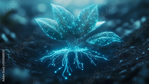 Digital Flora: A futuristic digital plant glows with ethereal blue light, its roots and leaves interconnected, symbolizing the fusion of technology and nature in a surreal close-up shot. 