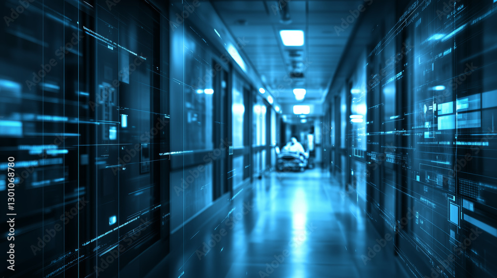 Futuristic Hospital Corridor with Digital Overlay Futuristic Hospital Corridor with Digital Overlay