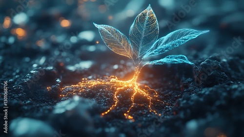 Digital Plant's Vitality: A captivating digital rendering of a plant, showcasing glowing roots and leaves that pulse with energy, illustrating growth and the essence of nature.