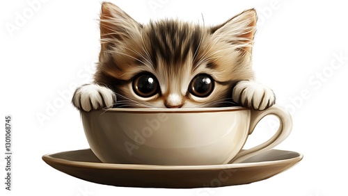Curious Kitten in Cup: A wide-eyed, adorable kitten peeks over the rim of a teacup, paws resting delicately on the edge.