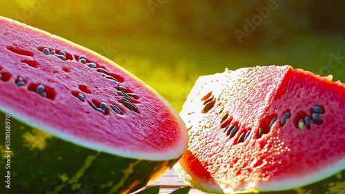 Fresh Juicy Watermelon Slices with Sunlight Reflection.