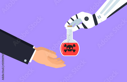 robotic hand gives poison bottle beaker to man vector illustration