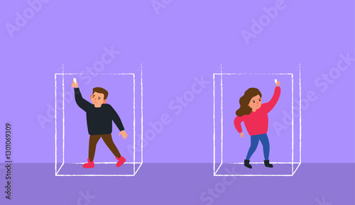 boy and girl  introverts  drawing rectangle box around theirself comfort zone personal boundary vector illustration