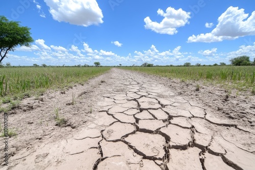 A parched riverbed with cracked mud, once a thriving source of water, now dried up