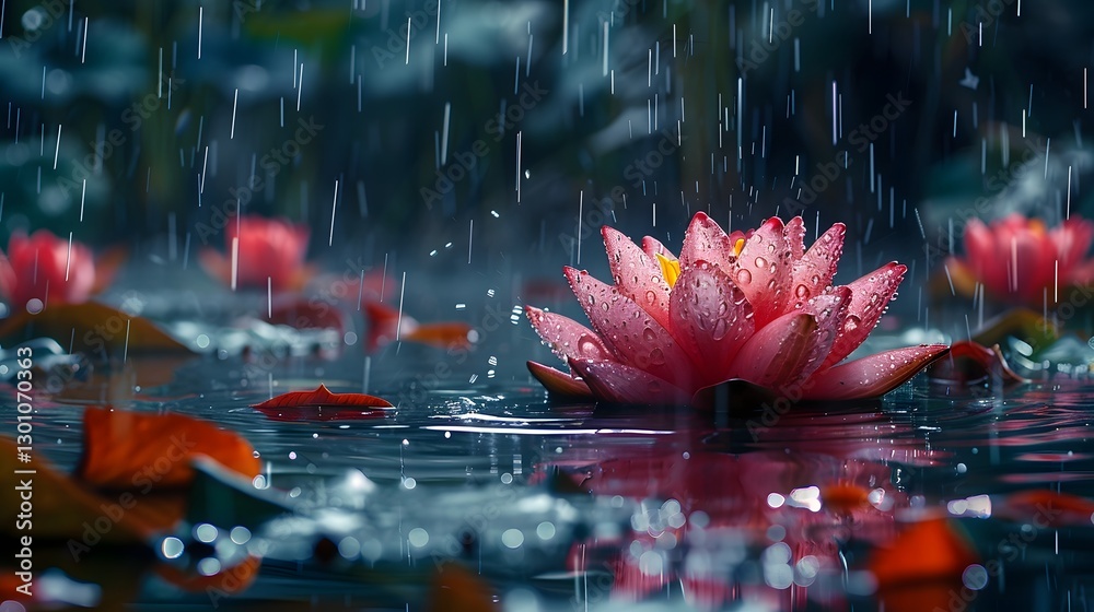 Fototapeta premium Intricate Rainfall on Vibrant Pink Lotus Leaves Reflecting in Tranquil Pond