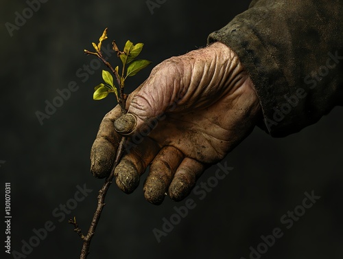 A hand holding a sprouting plant branch.