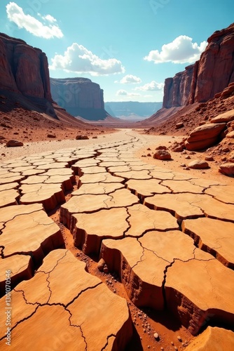 Desert terrain with cracked earth and rocky outcrops, erosion, sedimentary rocks