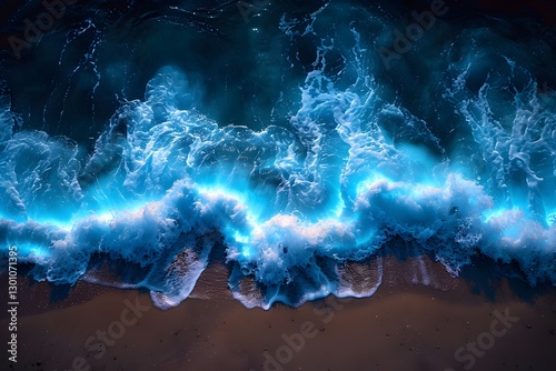 Mesmerizing Bioluminescent Algae Waves Glowing on a Tranquil Night Beach