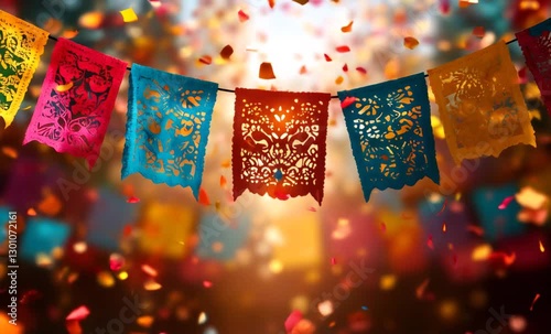 Colorful papel picado decorations hanging above a bed of confetti during a vibrant cinco de mayo celebration