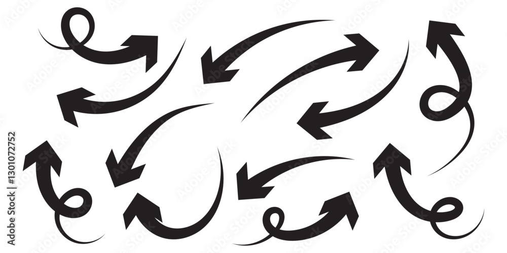 Red arrows set. Curved arrows. Arrow sign. Set of curved arrows isolated on white background. Curved arrows, hand drawn curved arrows. Collection of pointers. Vector illustration Red arrows set. Curved arrows. Arrow sign. Set of curved arrows isolated on white background. Curved arrows, hand drawn curved arrows. Collection of pointers. Vector illustration