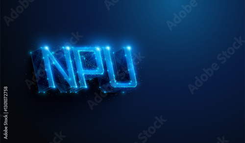 Lowpoly NPU Artificial Intelligence Technology Hardware 3D Abbreviation. Abstract geometric lettering illustration of ai neural processing unit computing tech by wireframe mesh on blue background.