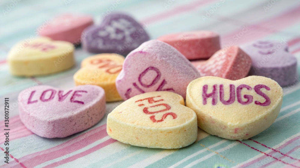 A collection of colorful candy hearts with sweet messages written on them, scattered across a soft pastel background A collection of colorful candy hearts with sweet messages written on them, scattered across a soft pastel background