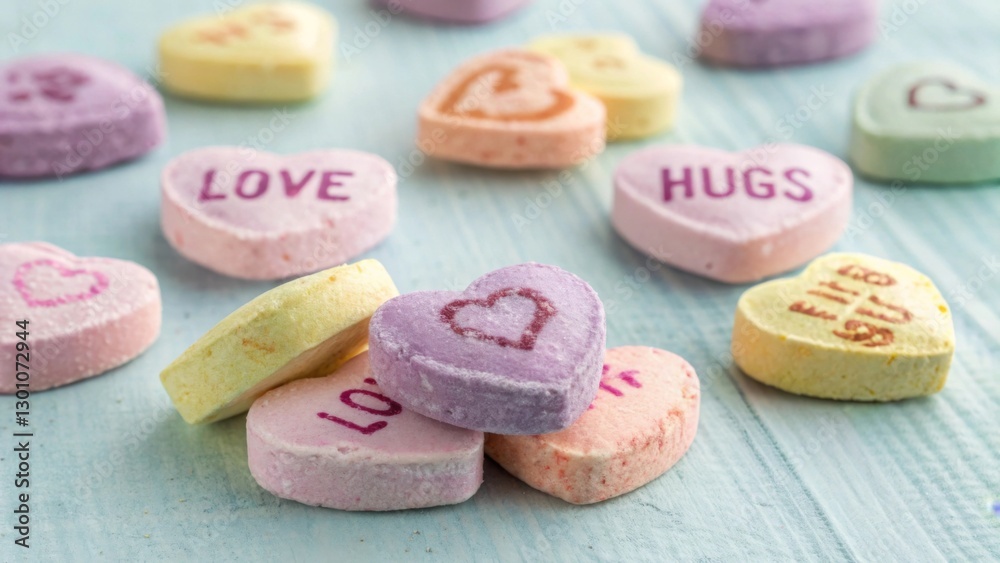 A collection of colorful candy hearts with sweet messages written on them, scattered across a soft pastel background