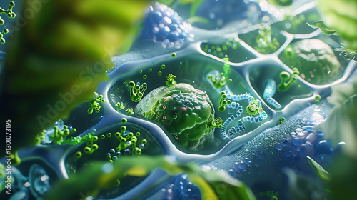 A microscopic view of a plant cell, with chloroplasts and organelles visible in