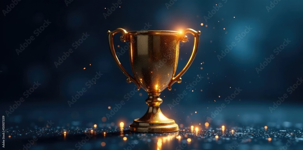 Golden trophy with glowing particles in a dark blue space, glow, art Golden trophy with glowing particles in a dark blue space, glow, art