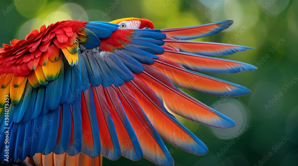 Obraz premium A majestic macaw spreading its wings wide against a lush green background